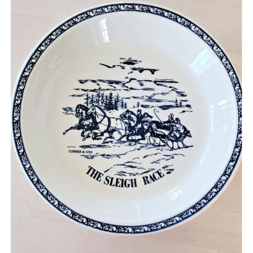 CURRIER & IVES THE SLEIGH RACE Pie Serving Plate Bowl - Oven Save
